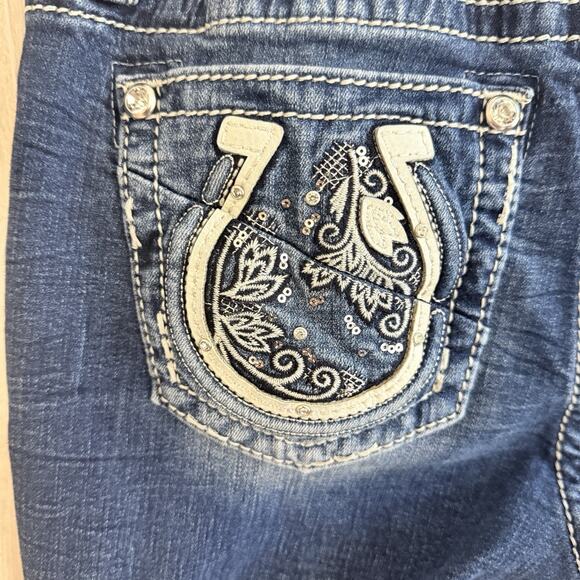 Miss Me Jeans Women 29 Floral Swirl Horseshoe Bling Pocket Mid Rise Boot Cut - Picture 4 of 16